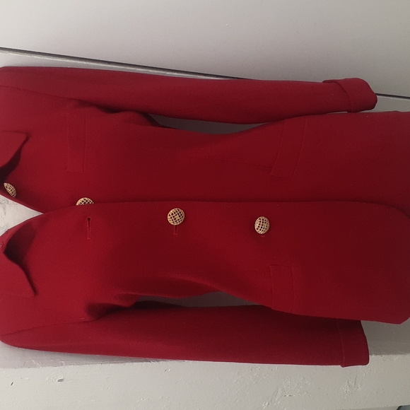 * Albert Nipon Red Wool Dress Blazer ? Size 10 gold buttons Trim front Jacket - Picture 3 of 7